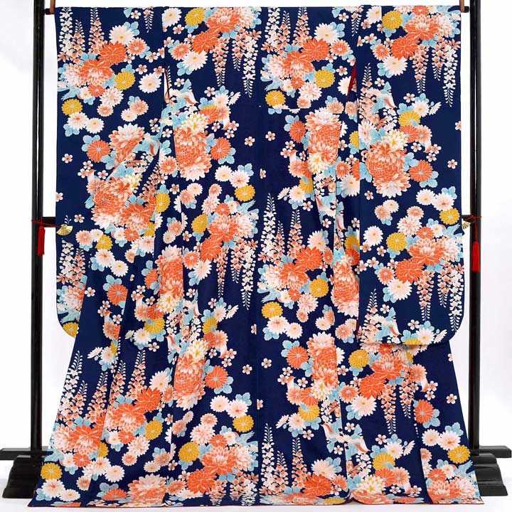 【中古品】仕立て上がり 振袖「菊に藤 鳥 紺色」貸衣装処分 レンタル処分品 成人式【メール便不可】