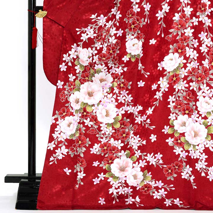 中古品)仕立て上がり 振袖「桃の花 臙脂色」貸衣装処分 レンタル処分品