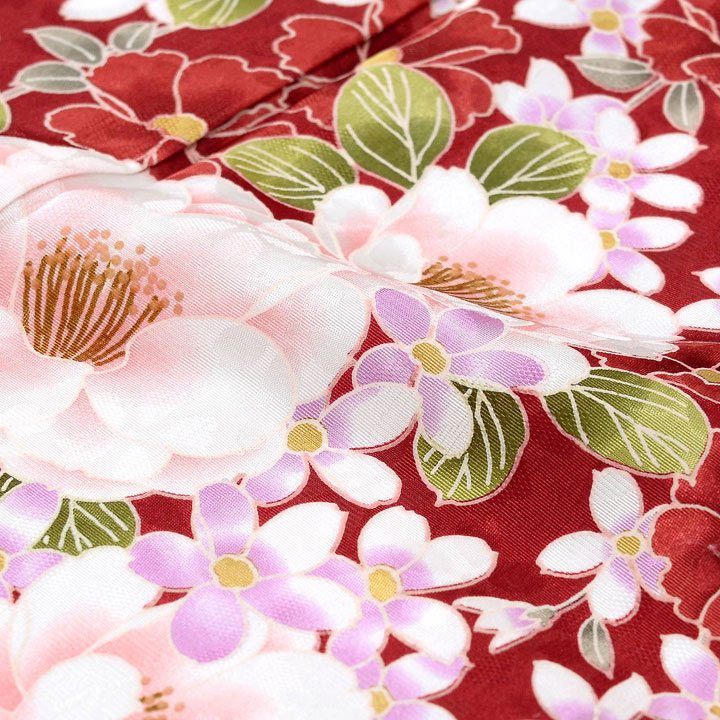 中古品)仕立て上がり 振袖「桃の花 臙脂色」貸衣装処分 レンタル処分品