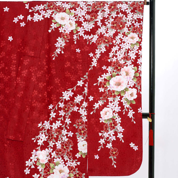 中古品)仕立て上がり 振袖「桃の花 臙脂色」貸衣装処分 レンタル処分品