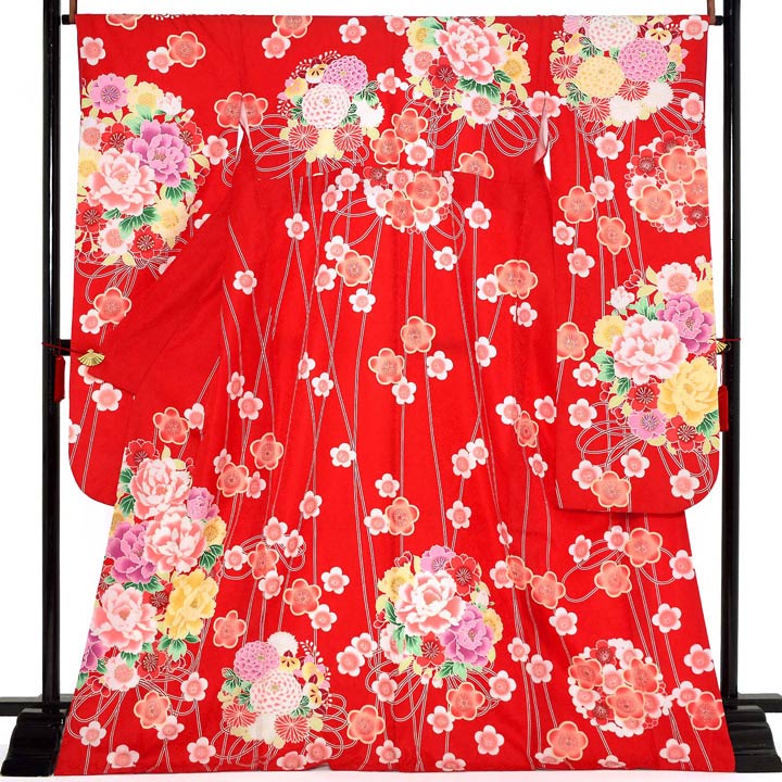 (中古品)仕立て上がり 振袖「花薬玉 季節の花 緋色」貸衣装処分 レンタル処分品 成人式(メール便不可)ss2512fml20