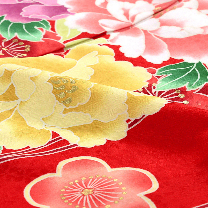 (中古品)仕立て上がり 振袖「花薬玉 季節の花 緋色」貸衣装処分 レンタル処分品 成人式(メール便不可)_3