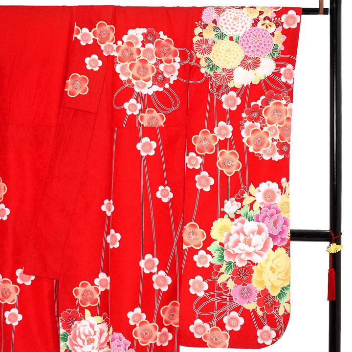 (中古品)仕立て上がり 振袖「花薬玉 季節の花 緋色」貸衣装処分 レンタル処分品 成人式(メール便不可)_4