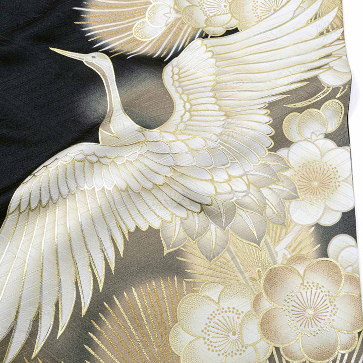 未仕立て 振袖 22点セット「黒金 鶴に松梅」仮絵羽 振り袖 正絹 着物