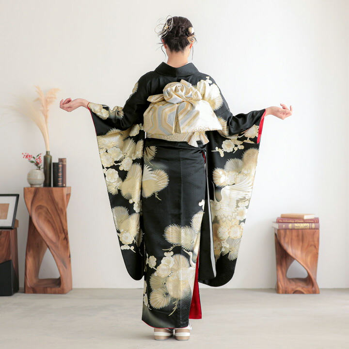 未仕立て 振袖 22点セット「黒金 鶴に松梅」仮絵羽 振り袖 正絹