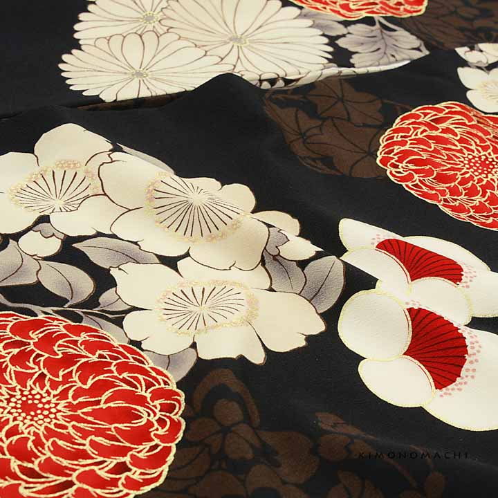 二尺袖着物 単品「黒 牡丹、四季花の丸×フラワー」九重 ブランド お