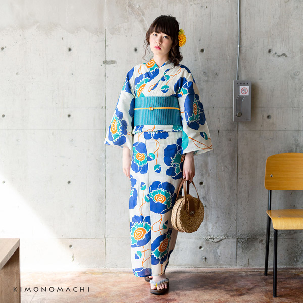 KIMONOMACHI 浴衣 レディース 単品「レトロフラワー ブルー」3L/4L