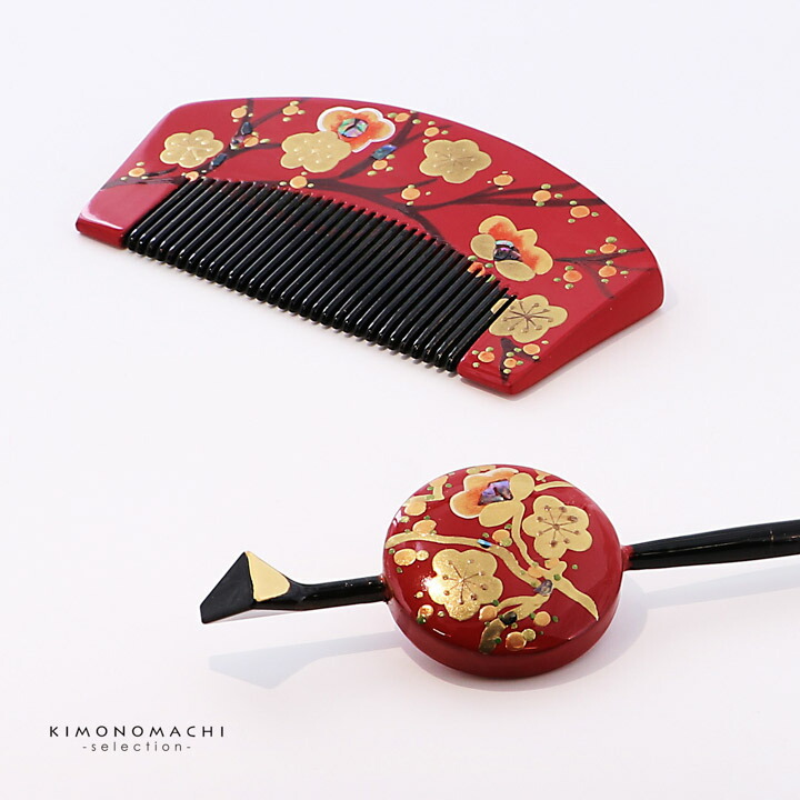 紅葉・シダ装飾の漆器櫛と髪飾りセット 紅葉・シダ装飾の漆器櫛と髪飾りセット