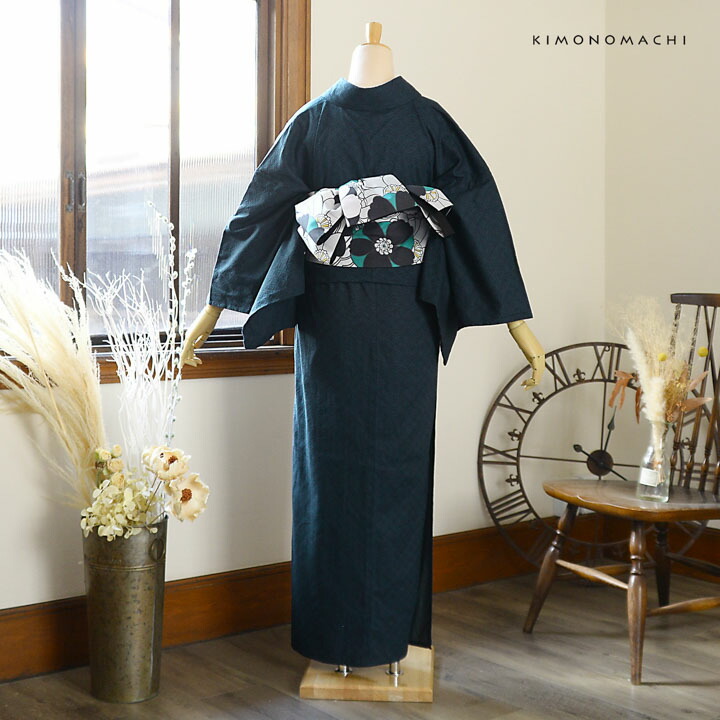 KIMONOMACHI 洗える着物 木綿着物と木綿半幅帯の2点セット「木綿着物