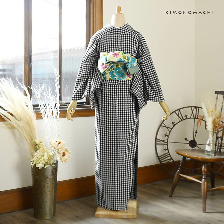 洗える黒　花柄　木綿着物　1枚 三河木綿 洗える着物 単品「黒、赤、白 縞」お仕立て上がり 木綿