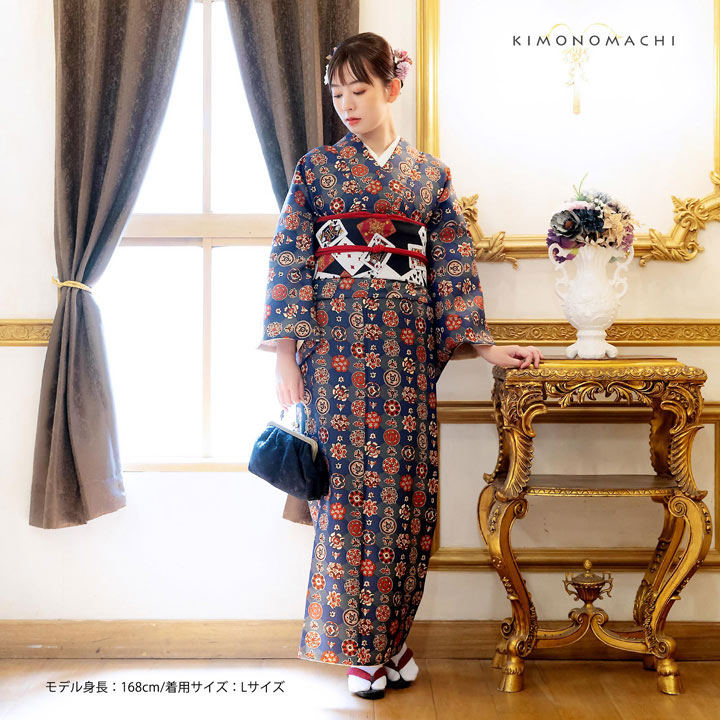 KIMONOMACHI 洗える着物 セット「袷着物：丸花更紗に菱紺鼠色＋京袋帯