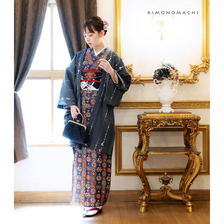 KIMONOMACHI 洗える着物 セット「袷着物：丸花更紗に菱紺鼠色＋