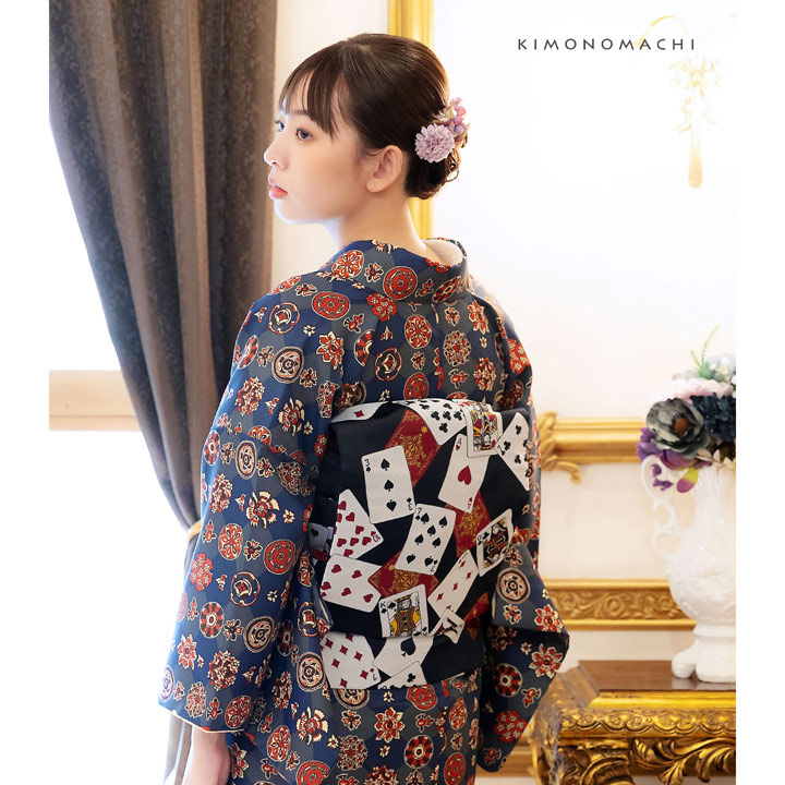 KIMONOMACHI 洗える着物 セット「袷着物：丸花更紗に菱紺鼠色＋京袋帯