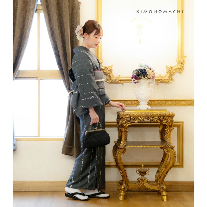 洗える着物 セット「袷着物：星くずに七宝墨黒＋京袋帯：薄暮の灰猫」KIMONOMACHI オリジナル 着物と帯の2点セット サイズS/M/L/LL 2024-2025新作(メール便不可)の画像