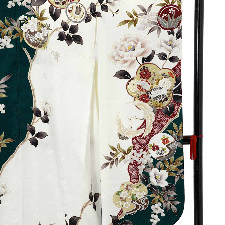 未仕立て 振袖 22点セット「Haru 深緑×白 梅に椿」仮絵羽 振り袖 正絹 着物 ブランド振袖 成人式 結婚式 結納 パーティー 晴れ着 【メール便不可】