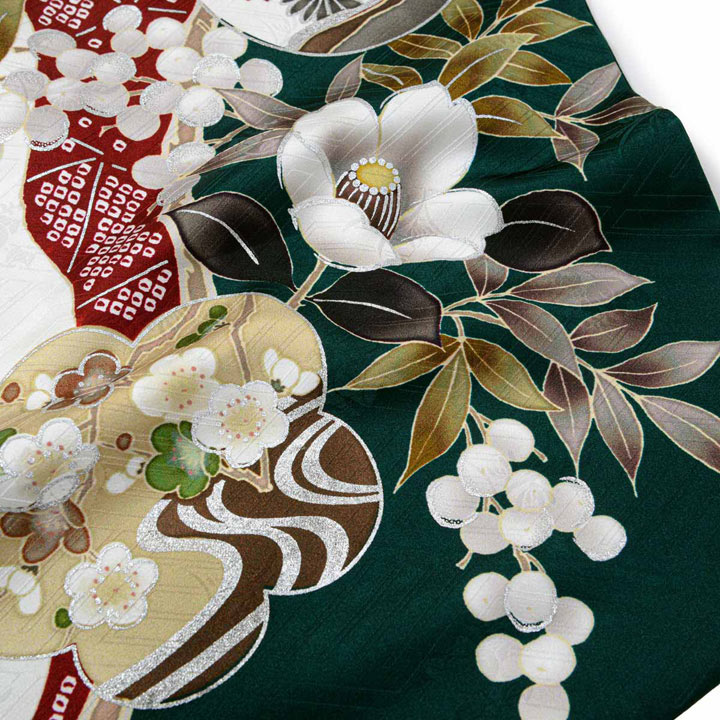 未仕立て 振袖 22点セット「Haru 深緑×白 梅に椿」仮絵羽 振り袖 正絹 着物 ブランド振袖 成人式 結婚式 結納 パーティー 晴れ着 【メール便不可】