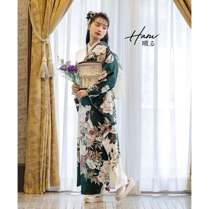 未仕立て 振袖 22点セット「Haru 深緑×白 梅に椿」仮絵羽 振り袖 正絹 着物 ブランド振袖 成人式 結婚式 結納 パーティー 晴れ着 【メール便不可】