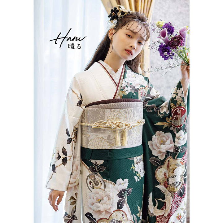 未仕立て 振袖 22点セット「Haru 深緑×白 梅に椿」仮絵羽 振り袖 正絹 着物 ブランド振袖 成人式 結婚式 結納 パーティー 晴れ着 【メール便不可】