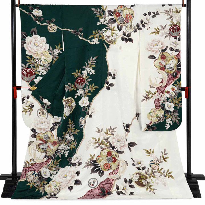 未仕立て 振袖 22点セット「Haru 深緑×白 梅に椿」仮絵羽 振り袖 正絹 着物 ブランド振袖 成人式 結婚式 結納 パーティー 晴れ着 【メール便不可】