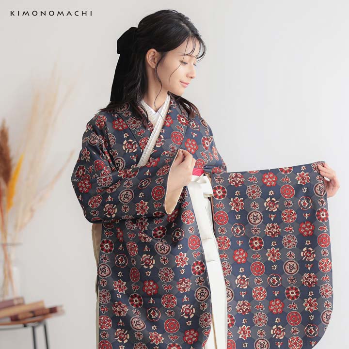 袴 セット 卒業式 女性 4点セット「二尺袖：丸花更紗に菱 紺鼠色＋袴