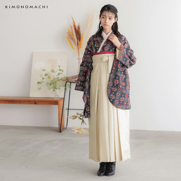 袴 セット 卒業式 女性 4点セット「二尺袖：丸花更紗に菱 紺鼠色＋袴