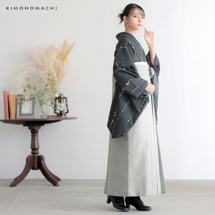 袴 セット 卒業式 女性 4点セット「二尺袖：星くずに七宝　墨黒＋袴：アイスグレー 椿＋袴下帯：白 麻の葉＋襦袢」卒業式 女性 レディース (メール便不可)の画像