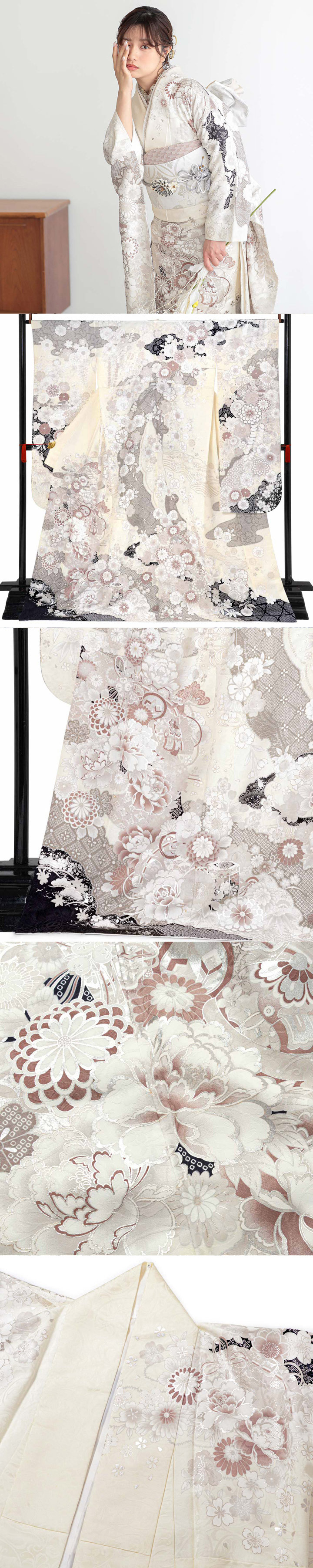 未仕立て 振袖 22点セット「オフホワイト 檜扇に牡丹」仮絵羽 振り袖 正絹 着物 ブランド振袖 成人式 結婚式 結納 パーティー 晴れ着 【メール便不可】