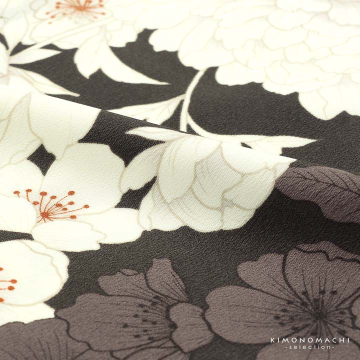 二尺袖着物 単品「牡丹に桜 こげ茶×ココア」Fサイズ 日本製 お仕立て
