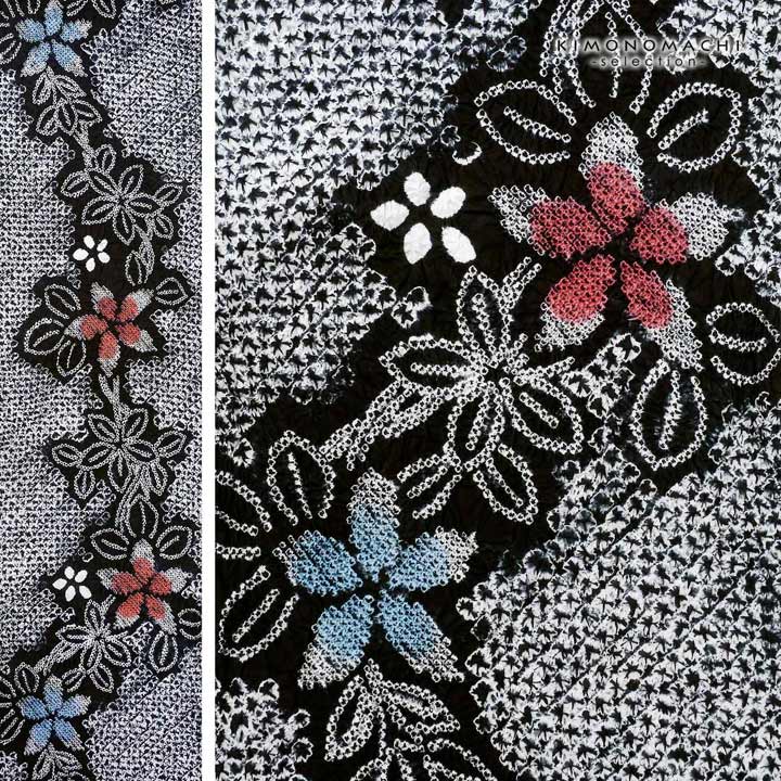 絞り浴衣反物 花しぼり「古都三浦 黒地、赤×青」有松絞り 女性浴衣 レディース浴衣 絞り浴衣 綿浴衣 未仕立て【メール便不可】