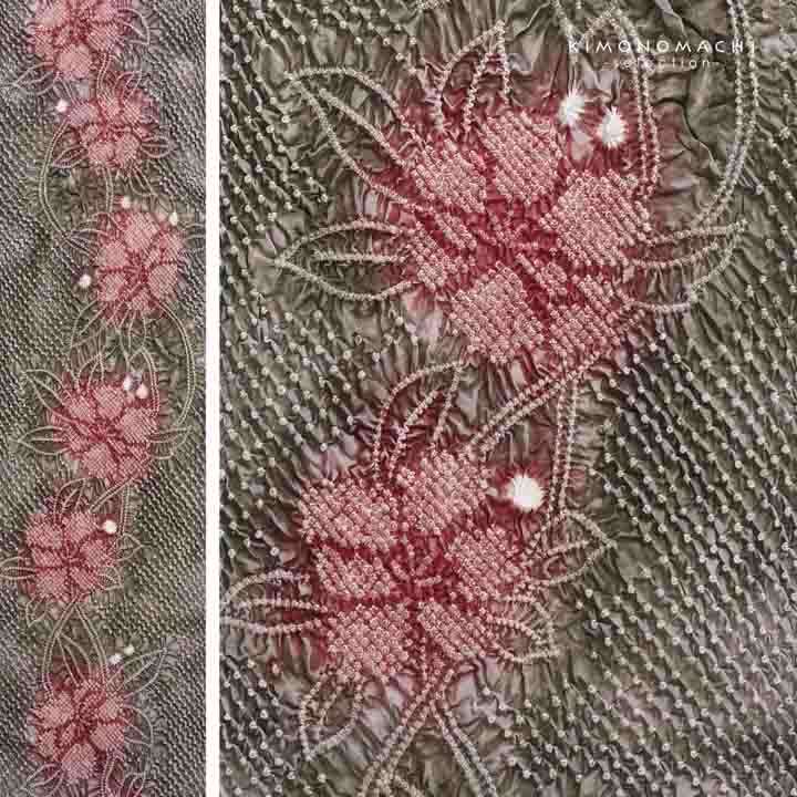 絞り浴衣反物 花しぼり「薫風 利休色×赤」有松絞り 女性浴衣 レディース浴衣 絞り浴衣 綿浴衣 未仕立て【メール便不可】