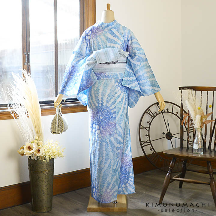 爆買 お仕立て上がり絞り浴衣単品「古織部、ねじ花 水色×青藤色