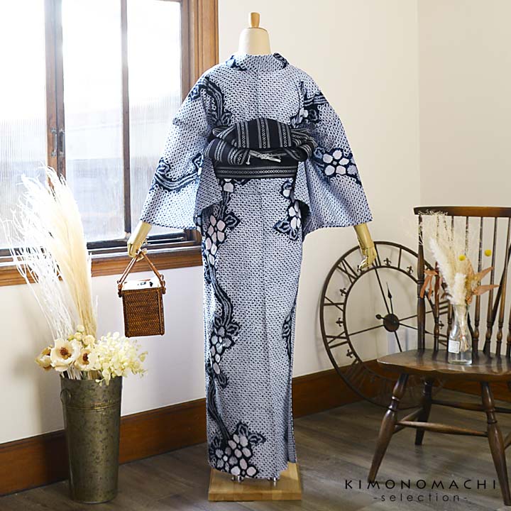 お仕立て上がり絞り浴衣単品「有松三浦、日日草 濃紺」有松絞り 女性浴衣単品 レディース浴衣単品 綿 お仕立て上がり浴衣 yukata(メール便不可)の画像