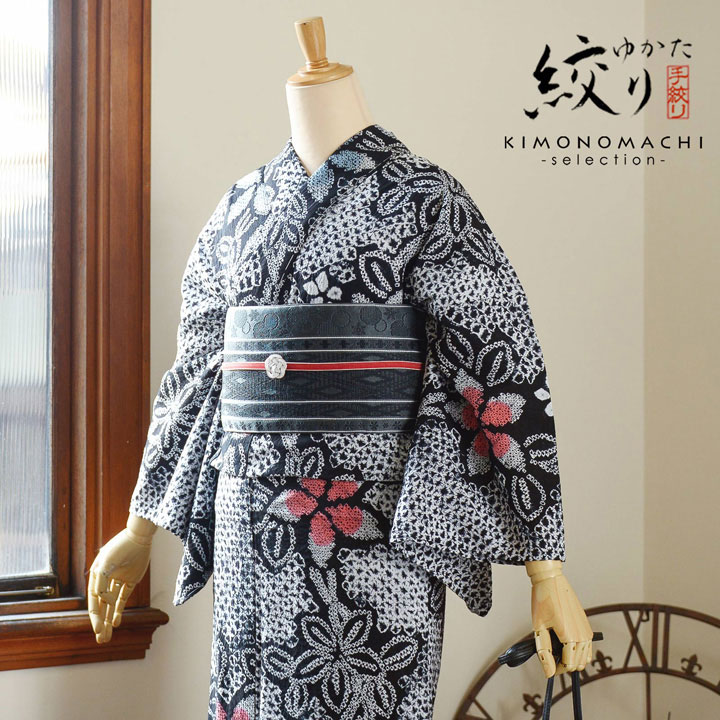 お仕立て上がり絞り浴衣単品 花しぼり「晴天 薄青×藍色」有松絞り 女性