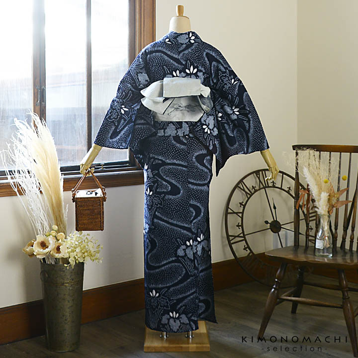 お仕立て上がり絞り浴衣単品「流水に杜若 濃紺（天女）」有松絞り 女性