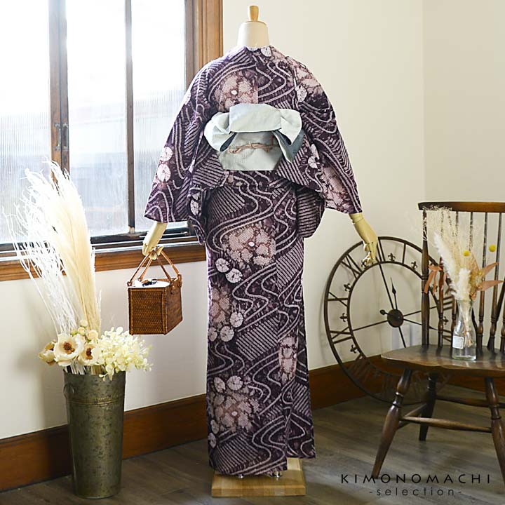 お仕立て上がり絞り浴衣単品「流水に花 紫根色（天竺）」有松絞り 女性