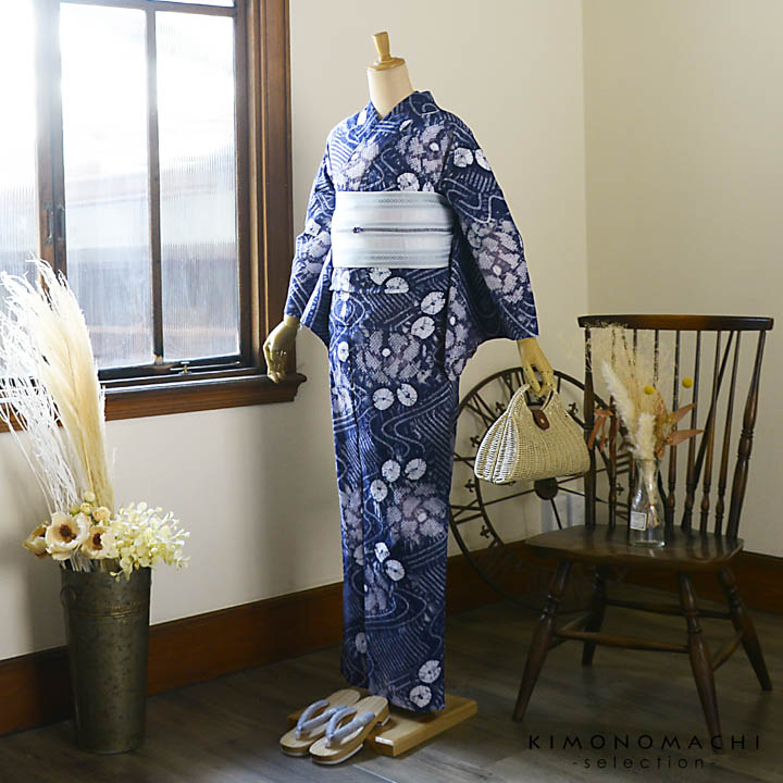 お仕立て上がり絞り浴衣単品「流水に花 群青色（天竺）」有松