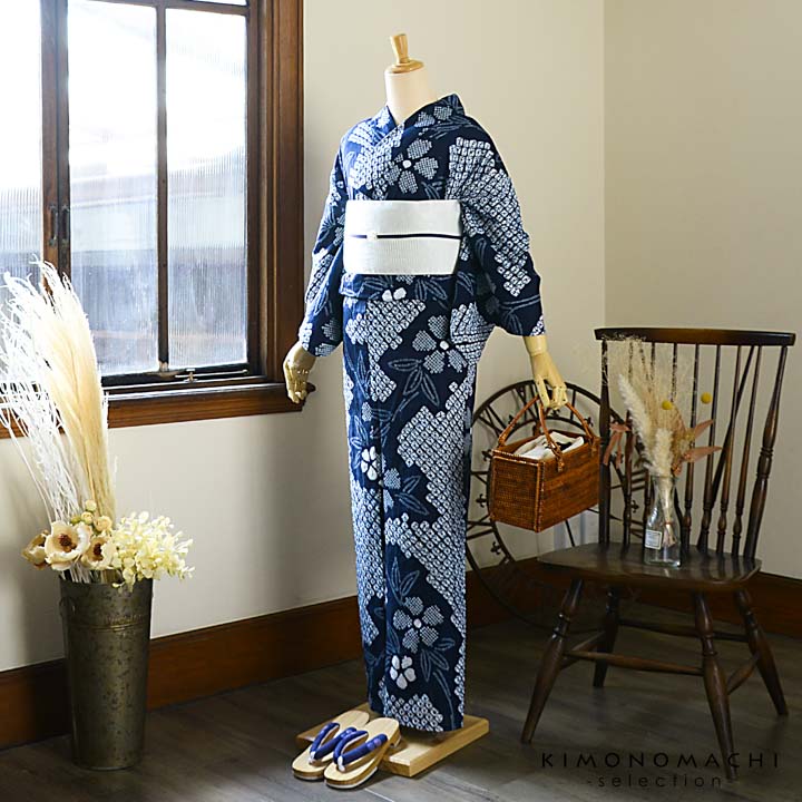 お仕立て上がり絞り浴衣単品「五弁花 濃紺（福豊）」有松絞り