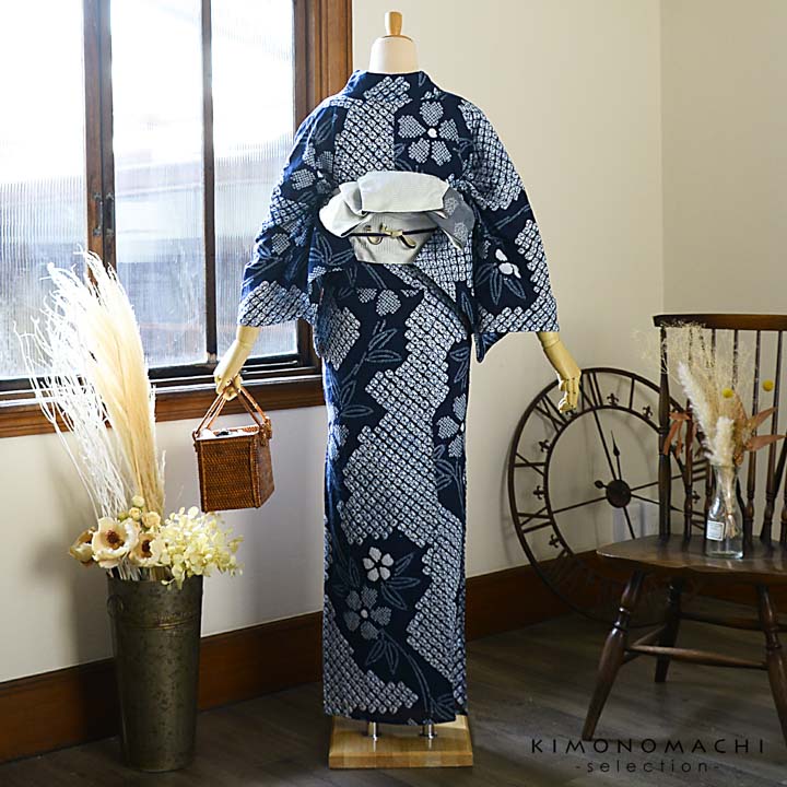お仕立て上がり絞り浴衣単品「五弁花 濃紺（福豊）」有松絞り