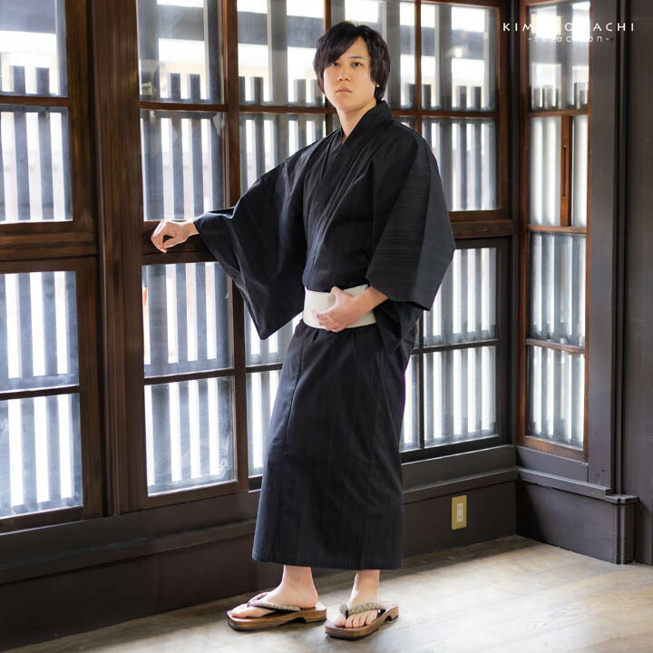 浴衣 両面染め メンズ 男性用浴衣 単品「studio by Durban：黒地、グレー 滝縞×ペイズリー」M/L/LL サイズ お仕立て上がり浴衣 プレタ 花火大会 夏祭り フェス 男性用 男性浴衣 メンズ浴衣 ゆかた men's yukata【メール便不可】