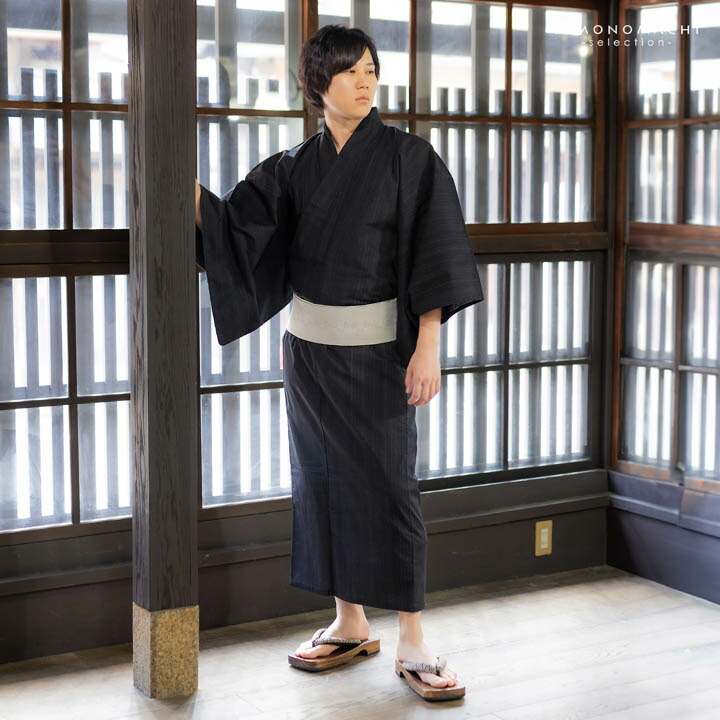 浴衣 両面染め メンズ 男性用浴衣 単品「studio by Durban：黒地、グレー 滝縞×ペイズリー」M/L/LL サイズ お仕立て上がり浴衣 プレタ 花火大会 夏祭り フェス 男性用 男性浴衣 メンズ浴衣 ゆかた men's yukata【メール便不可】