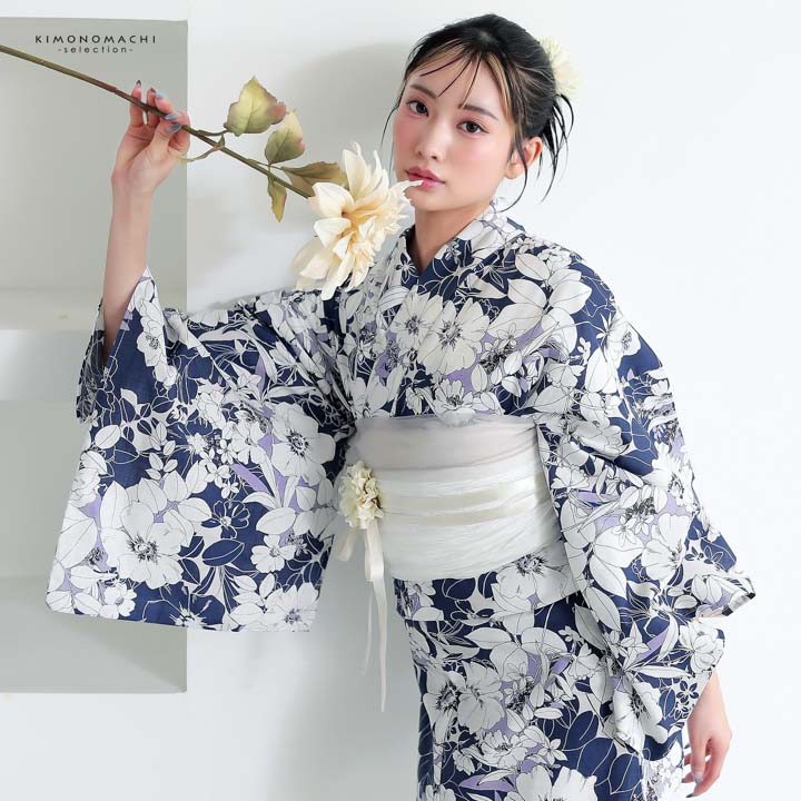 浴衣 レディース 女性浴衣 単品「シンプルライフ：ダックブルー×パープル アネモネブーケ」Fサイズ 綿浴衣 プレタ浴衣 お仕立て上がり浴衣 ブランド浴衣 大人浴衣 女性用 女性浴衣 ゆかた【メール便不可】