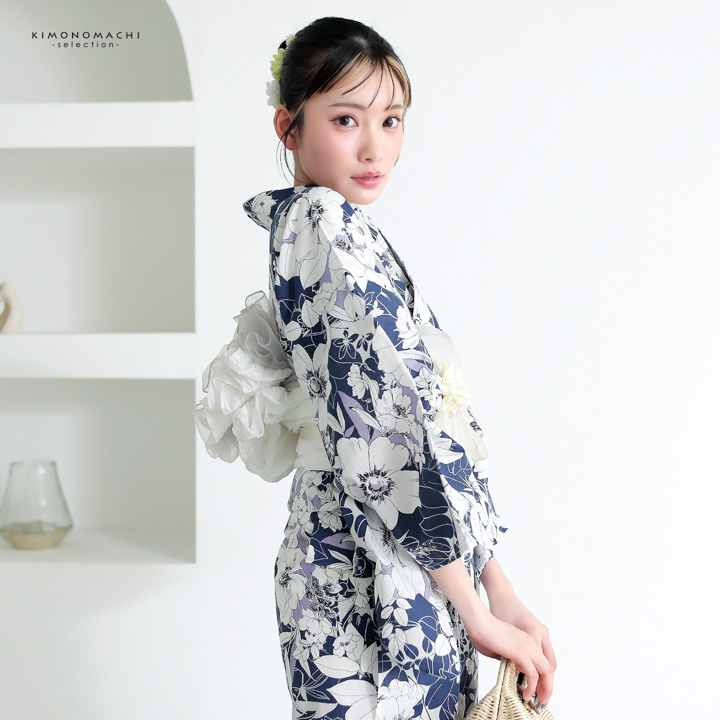 浴衣 レディース 女性浴衣 単品「シンプルライフ：ダックブルー×パープル アネモネブーケ」Fサイズ 綿浴衣 プレタ浴衣 お仕立て上がり浴衣 ブランド浴衣 大人浴衣 女性用 女性浴衣 ゆかた【メール便不可】