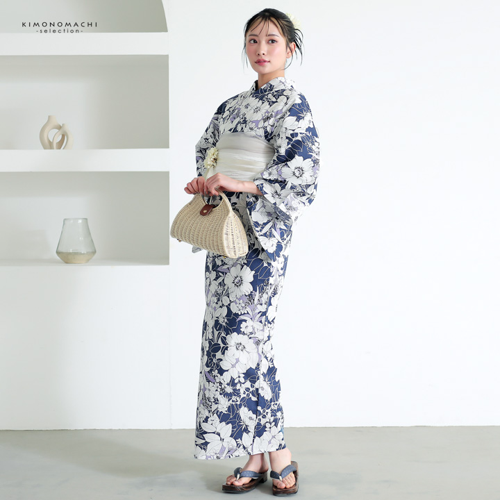 浴衣 レディース 女性浴衣 単品「シンプルライフ：ダックブルー×パープル アネモネブーケ」Fサイズ 綿浴衣 プレタ浴衣 お仕立て上がり浴衣 ブランド浴衣 大人浴衣 女性用 女性浴衣 ゆかた【メール便不可】