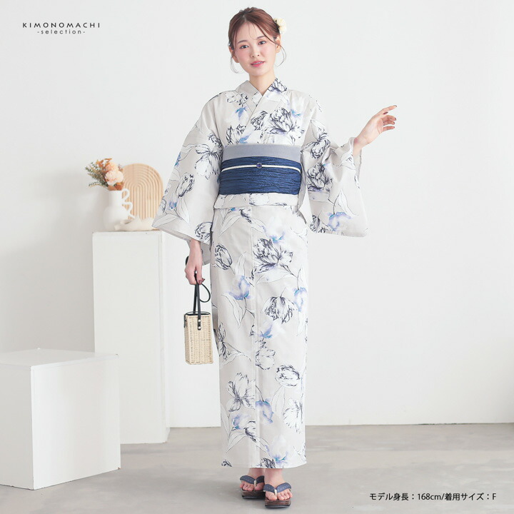 浴衣 レディース 女性浴衣 単品「シンプルライフ：ライトグレー チューリップ」Fサイズ 綿浴衣 プレタ浴衣 お仕立て上がり浴衣 ブランド浴衣 大人浴衣 女性用 女性浴衣 ゆかた【メール便不可】