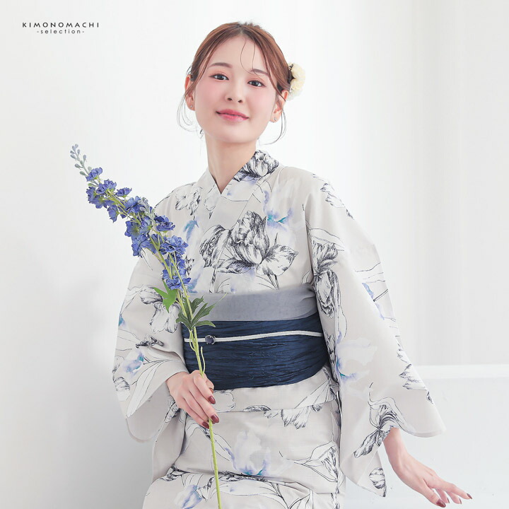浴衣 レディース 女性浴衣 単品「シンプルライフ：ライトグレー チューリップ」Fサイズ 綿浴衣 プレタ浴衣 お仕立て上がり浴衣 ブランド浴衣 大人浴衣 女性用 女性浴衣 ゆかた【メール便不可】