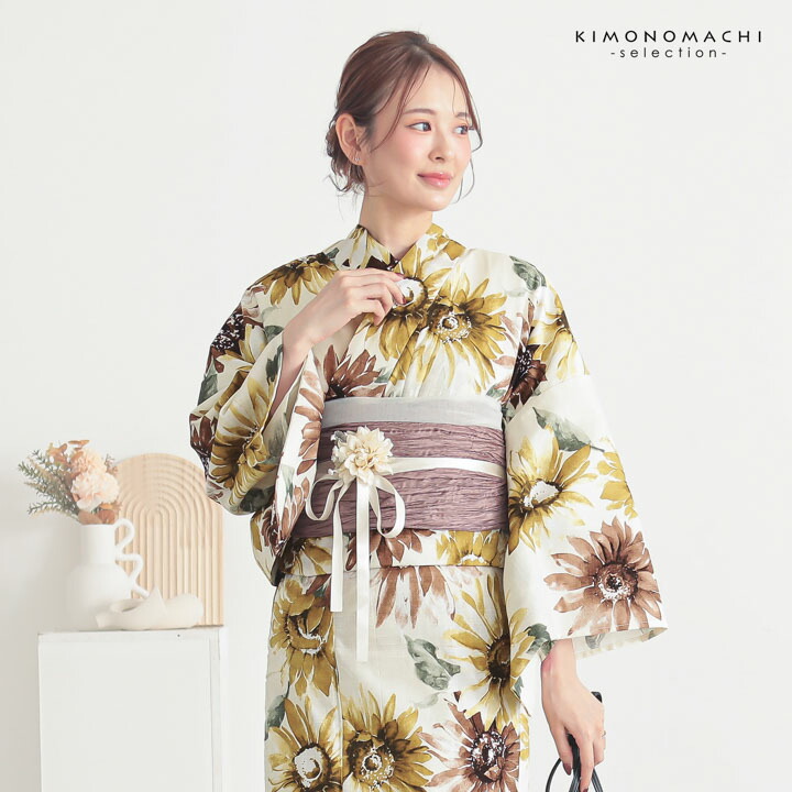 浴衣 レディース 女性浴衣 単品「スイートリリー：イエローブラウン ひまわり」Fサイズ 綿浴衣 プレタ浴衣 お仕立て上がり浴衣 ブランド浴衣 (メール便不可) | ブランド登録なし | 07