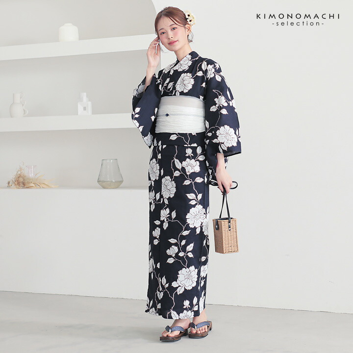 浴衣 レディース 女性浴衣 単品「スイートリリー:墨紺 芍薬」Fサイズ 綿浴衣 プレタ浴衣 お仕立て上がり浴衣 ブランド浴衣 大人浴衣 女性用 女性浴衣 ゆかた【メール便不可】