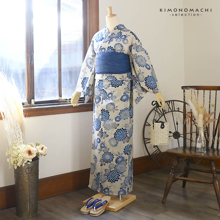 浴衣　綿麻　粋な夏着物　菊柄　紺色　浴衣単品　大人綺麗系浴衣　0729④ 浴衣 綿麻 粋な夏着物 菊柄 紺色 浴衣単品 大人綺麗系浴衣