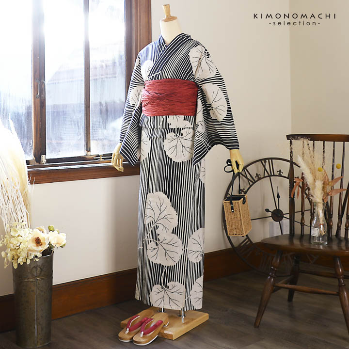 浴衣 レディース 女性浴衣 単品「花子倶楽部：墨黒 蕗」Fサイズ