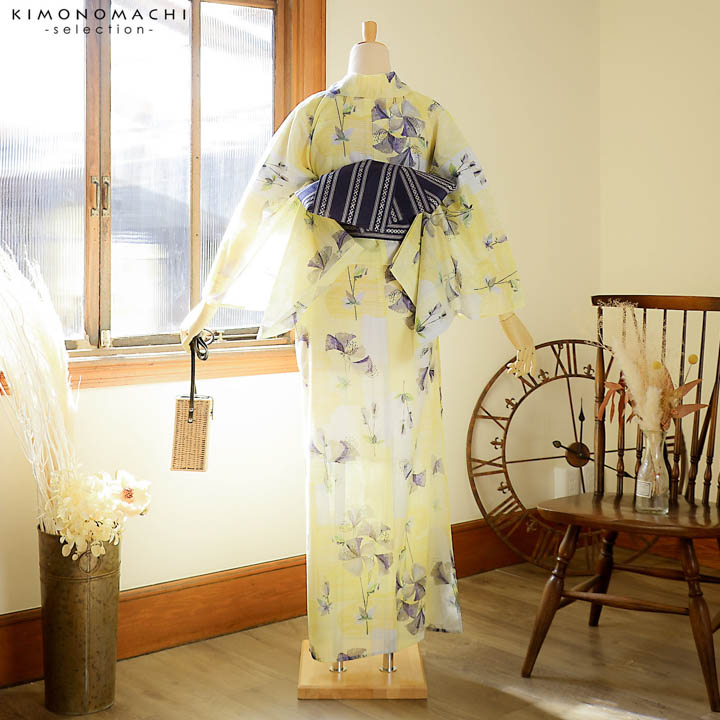 みすゞうた 黄色と青の花柄 『小鳥と鈴と』ブランド浴衣 単品　フリーサイズ Prices down2）浴衣 レディース 単品 みすゞうた「黄色 小鳥と鈴